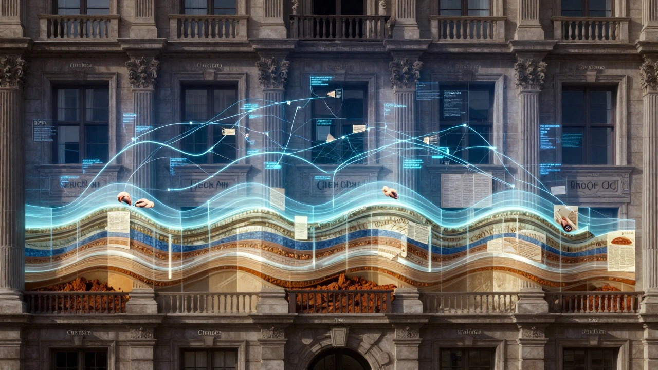 Querschnitt einer Fassade mit 17 historischen Farbschichten, dargestellt als durchscheinende Sedimente mit digitalen Zusatzinformationen.