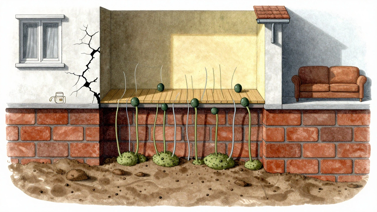 Querschnitt eines Hauses aus den 1970er Jahren, der kapillare Feuchtigkeit und Schimmelwachstum durch die Wand zeigt, mit symbolischen Hinweisen auf bautechnische Mängel.