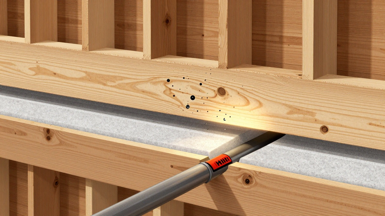 Querschnitt eines Holzhaus-Wandsystems mit CLT-Elementen, Gipsfaserplatte und Dampfbremse, beleuchtet von warmem Innenlicht.