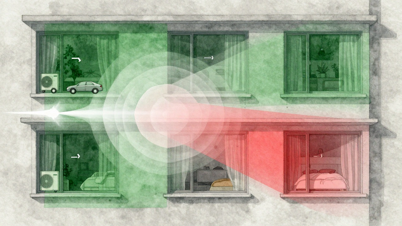 Schallwellen überlagern sich an einem Fenster, während schalldämmende Architektur sie blockiert.