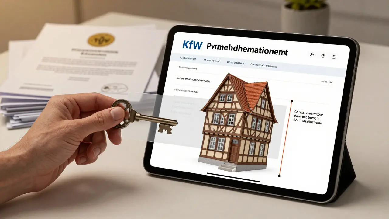 Schlüssel und Tablet mit Förderantrag neben einem historischen Fachwerkhaus in digitaler Übersicht.