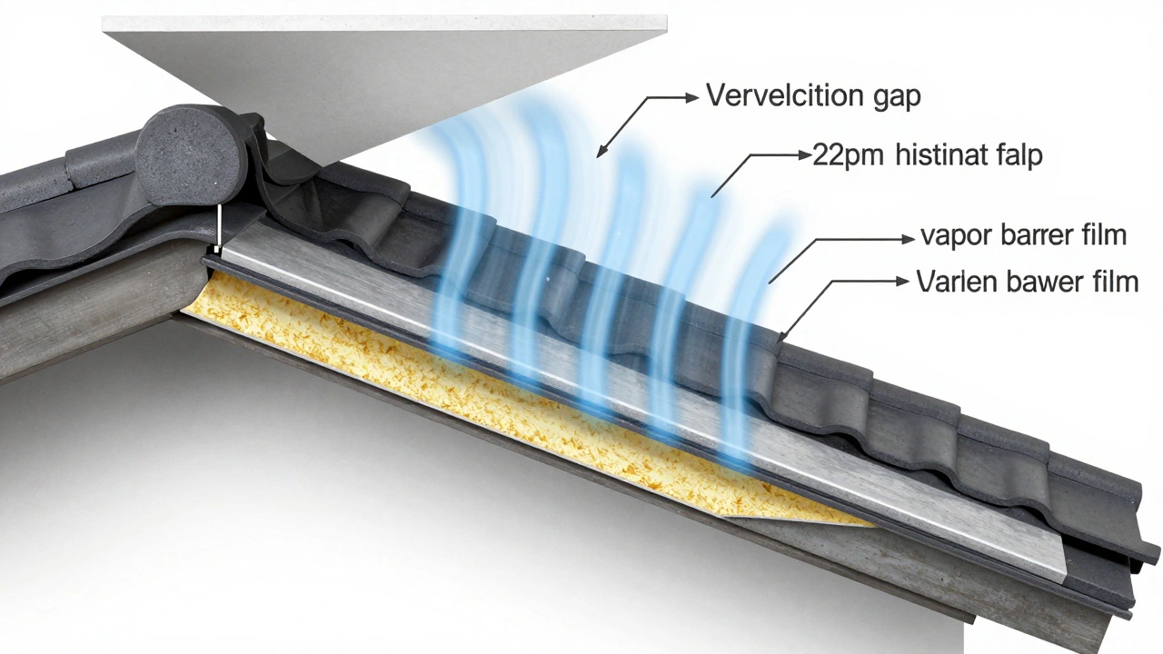 Schnitt durch ein Dach mit Lüftungslücke, Dampfbremse und Isolierung, Luftstrom zeigt Kondensationspunkt.