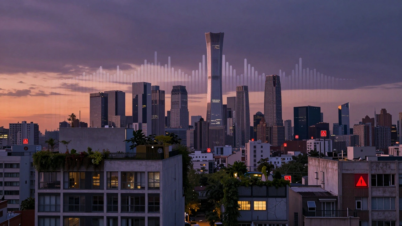 Stadtsilhouette mit grünen Fassaden und nach hinten gerichteten Fenstern als Lärmschutzlösung.