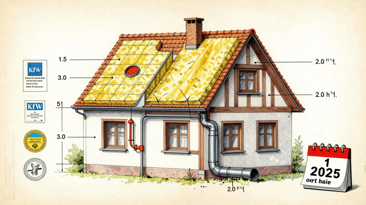 Technische Zeichnung eines Hauses mit Luftdichtigkeitswerten und KfW-Förderbedingungen im Vintage-Stil.