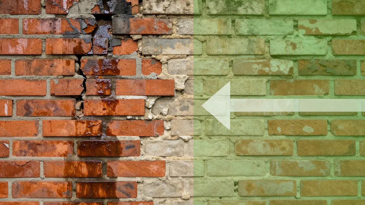 Vergleich: beschädigte Wand links, sanierter Ziegelbau rechts mit nachhaltigem Mörtel und Regentropfen.