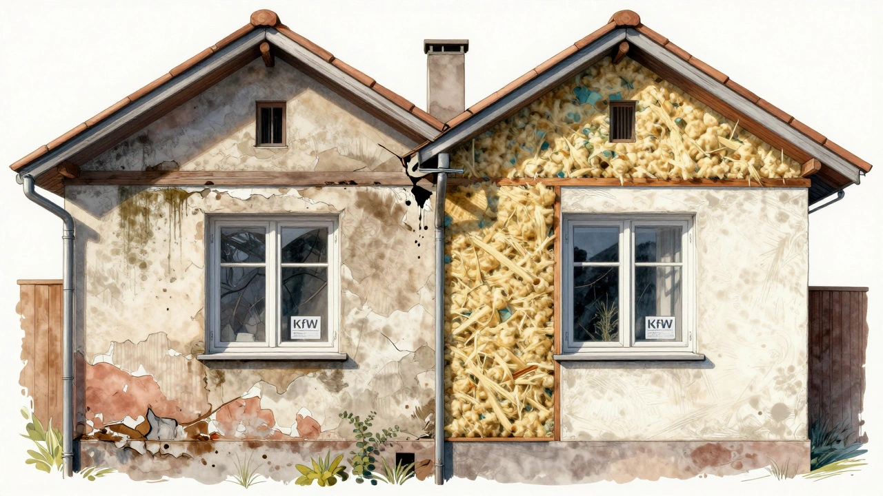 Vergleich einer schadhaften Fassade mit einer sanierten, gedämmten Fassade eines Hauses.