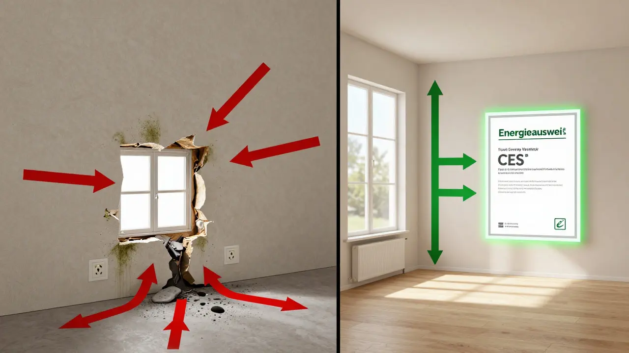 Vergleich eines undichten und eines luftdichten Hauses mit Schimmel und Kondenswasser versus kontrollierter Lüftung.