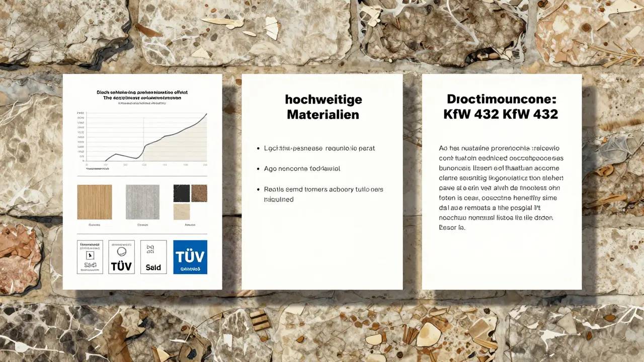 Vergleich von Sanierungsangeboten auf einer alten Steinwand mit Zertifizierungszeichen und Materialproben.