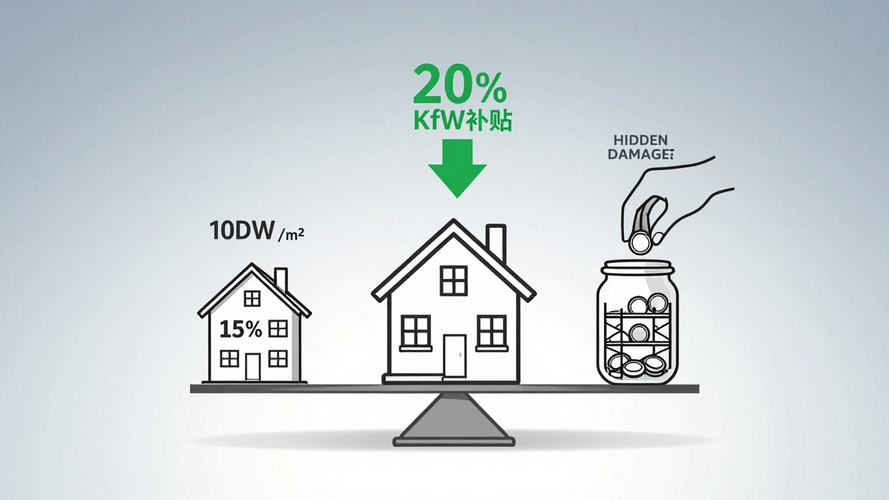 Visuelle Aufschlüsselung der Kosten einer Fassadensanierung mit Puffer, Gerüstkosten und Förderung.