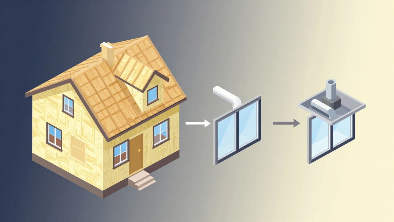 Visuelle Reihenfolge der energetischen Sanierung: Dämmung, Fenster, Lüftung – als stilisierte, farblich abgestufte Szenen.