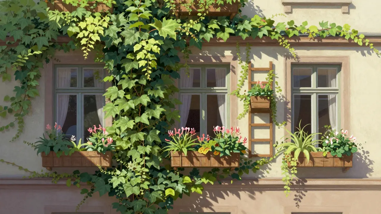 Wand mit vertikaler Begrünung aus Kletterpflanzen, Sonnenlicht wirft Schatten auf die Fassade.