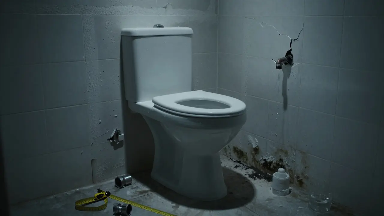 Wasser dringt hinter eine Wand, Schimmel bildet sich, ein falsch installiertes WC ist sichtbar.