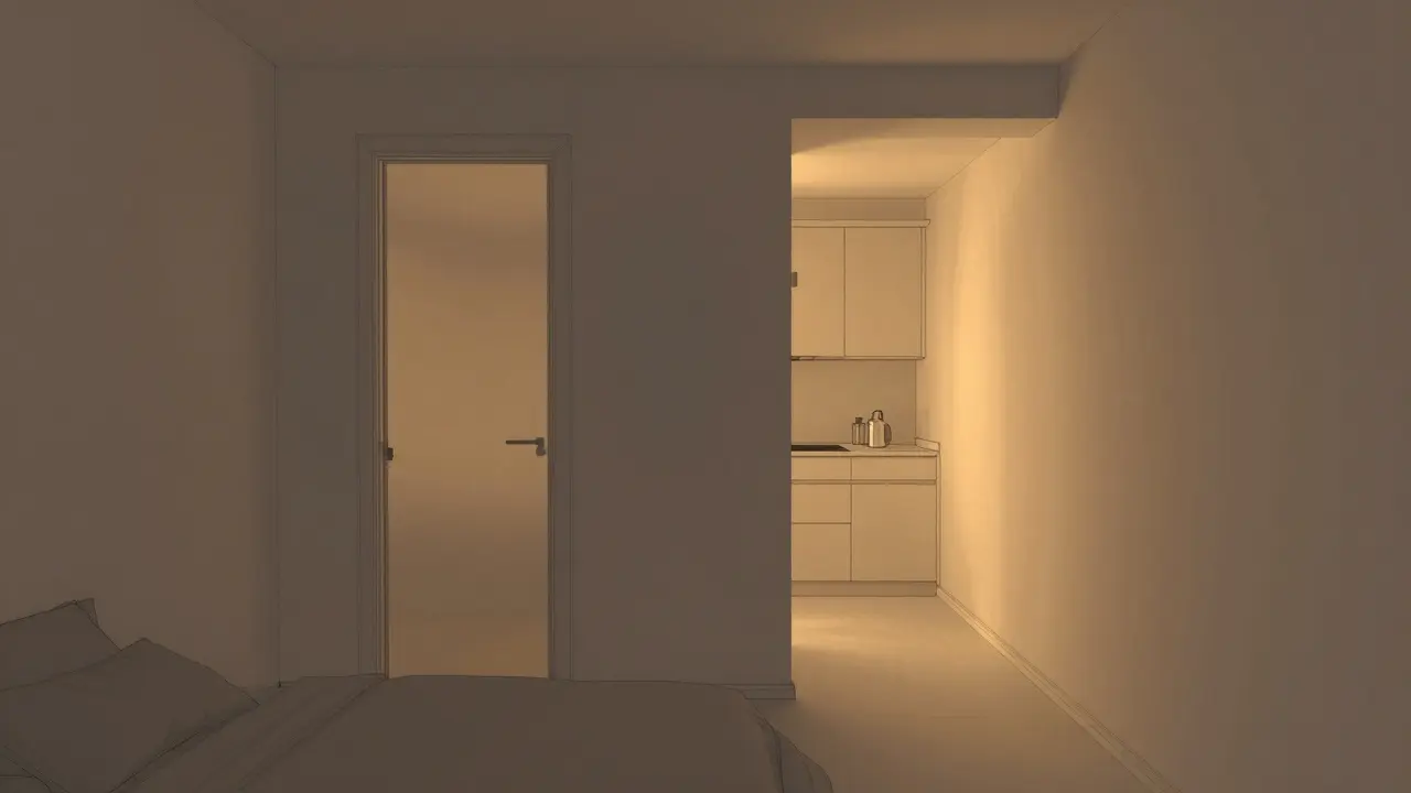 Wohnraum mit zonalem Glanzgrad: matt im Schlafzimmer, seidenglanz in Küche und Türen, Hochglanz als Akzentwand.