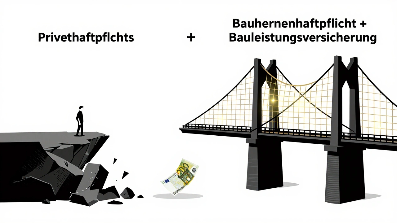 Zwei Wege: ein zerbrechlicher Pfad und eine stabile Brücke, symbolisieren den Unterschied zwischen fehlender und vollständiger Bauversicherung.