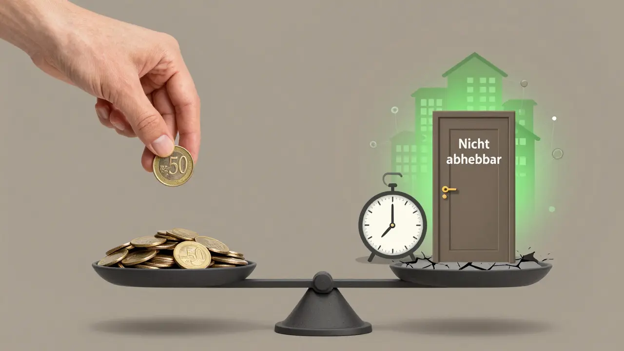 A hand placing €500 on a scale balancing returns against risks like time, lock-in and project failure.