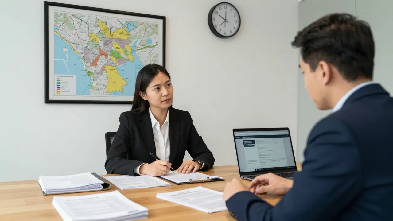 Anwalt und Klient besprechen finanzielle Unterlagen in einem Büro mit Dokumenten und einer Immobilienbewertung.