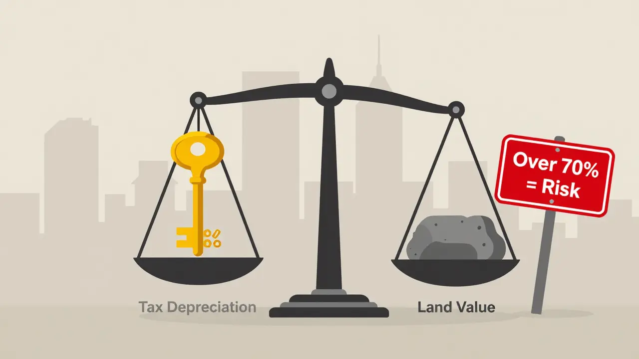 Balance scale comparing building value with land value, showing tax depreciation benefits versus no depreciation, with a warning sign.