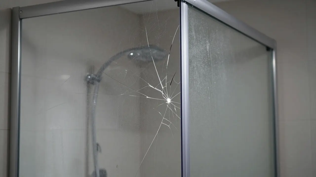 Beschädigte Kunststoff-Duschabtrennung mit Kratzern, Trübung und abgeblätterter Beschichtung.