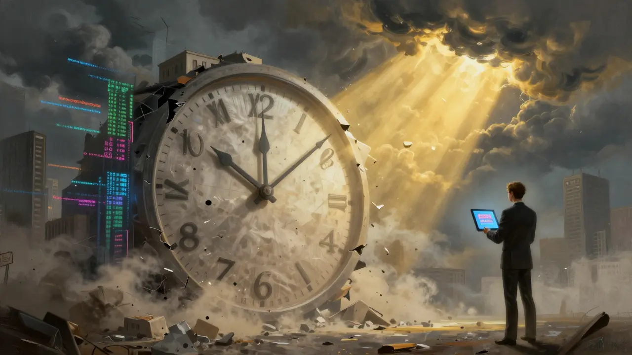 Clock with building facades as hands, crumbling on one side, data-reinforced on the other.