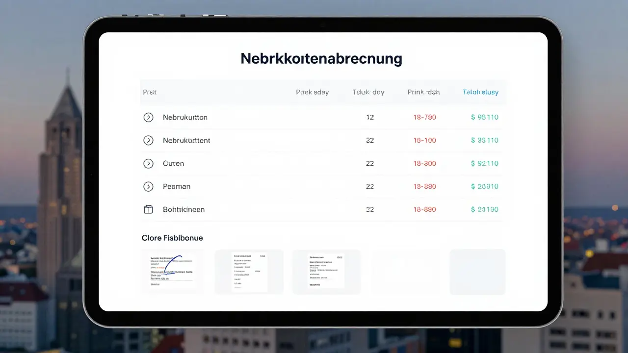 Digitale Nebenkostenabrechnung auf Tablet mit Vergleichsdaten und Belegen.
