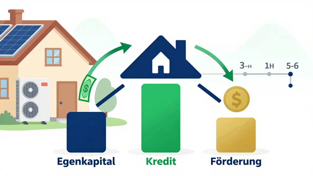 Drei Säulen aus Eigenkapital, Kredit und Förderung halten ein renoviertes Haus stabil, mit Wärmepumpe und Solaranlage im Hintergrund.