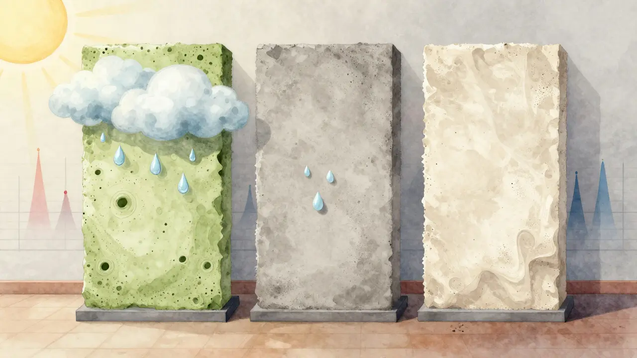 Dreiteilige Wanddarstellung: Kalkputz saugt Feuchtigkeit, Zementputz weist sie ab, Kalkzementputz balanciert beide Eigenschaften.