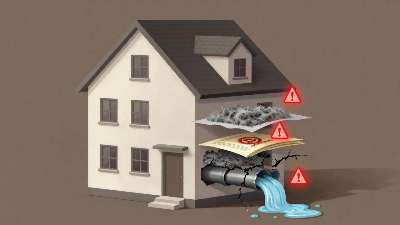 Ein Haus mit transparenten Schichten, die versteckte Risiken wie Asbest, Grundschulden und Lecks zeigen.