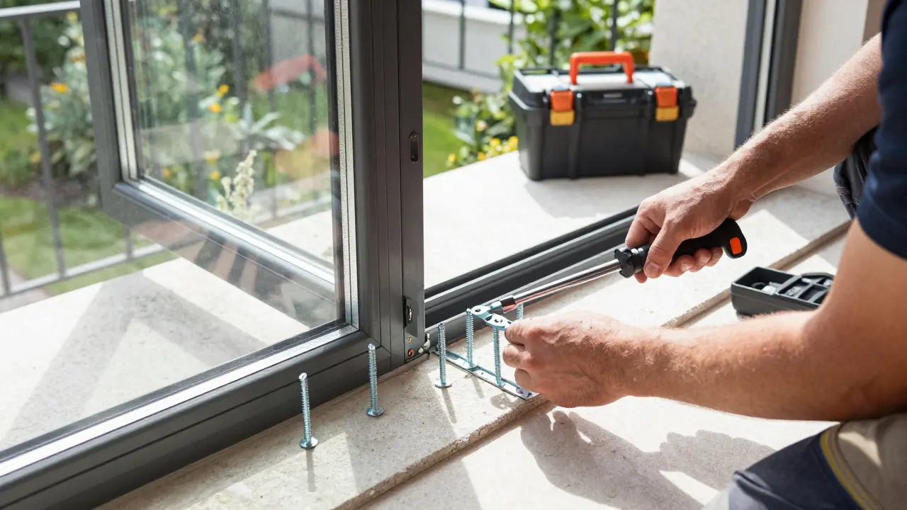 Fachmann installiert RC3-Fenster mit 100 mm Verankerungsbolzen in einem Erdgeschossfenster, P5A-Sicherheitsverglasung sichtbar.