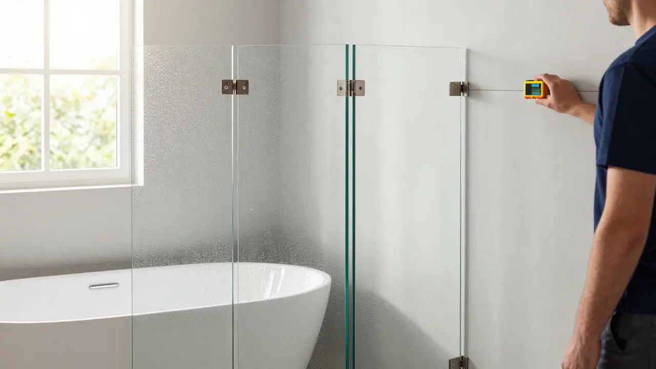 Faltbare Glasduschkabine neben einer Badewanne, Scharniere und präzise Montage sichtbar.