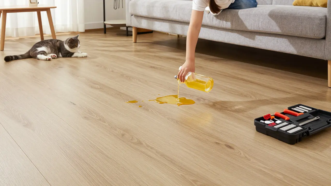 Familienwohnzimmer mit Vinylboden, Kind wischt Saft auf, Katze liegt nebenher.