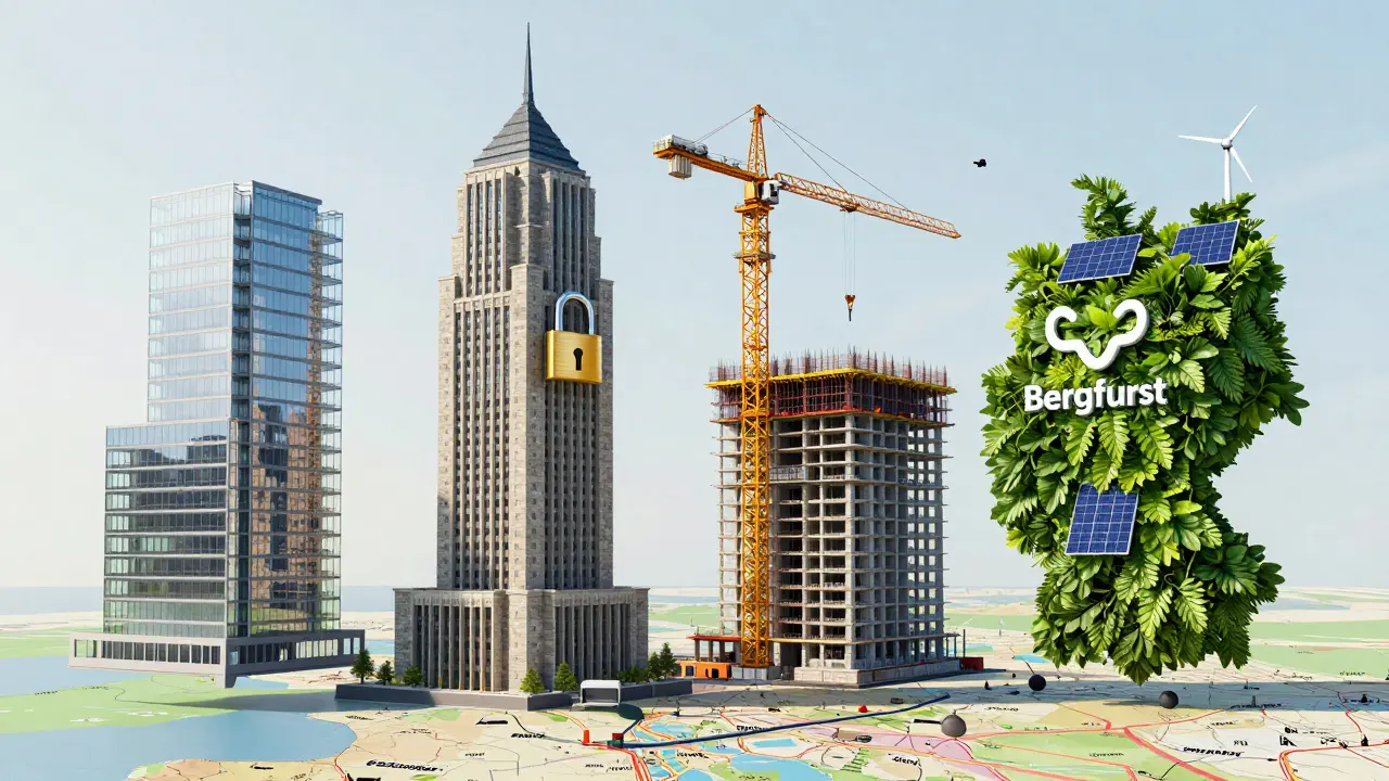 Four architectural towers representing Exporo, Zinsbaustein, Bergfurst and GreenVesting, floating over a map of Germany.