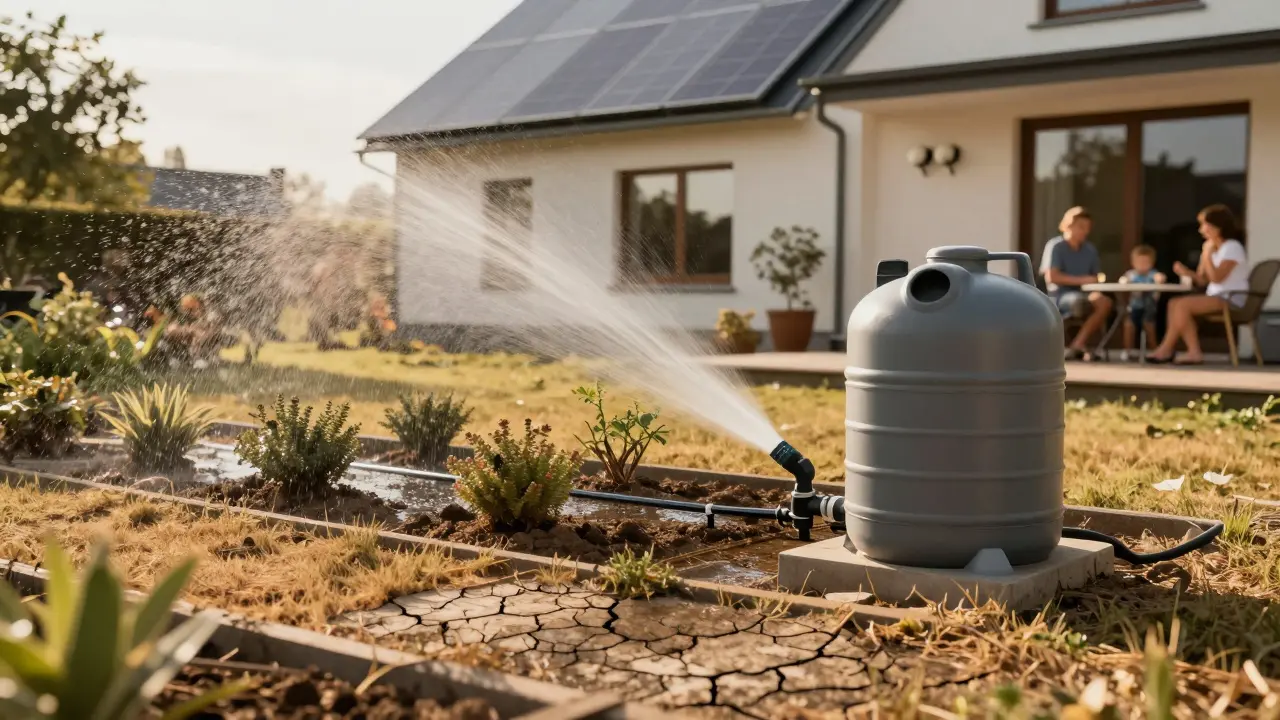 Garten mit Tropfbewässerung, gespeist aus Grauwasser, bei trockenem Sommer.