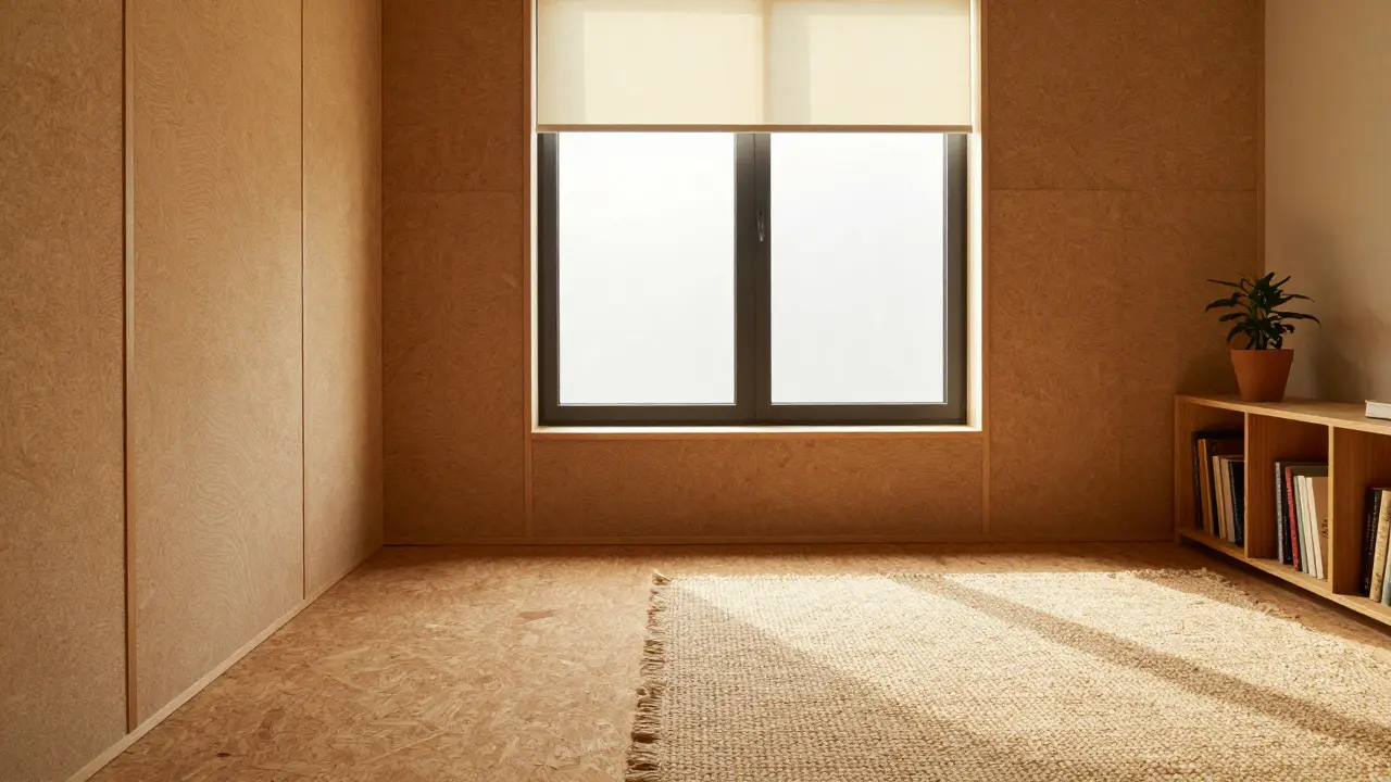 Gemütliches Wohnzimmer mit Korkboden, Holzfaserdämmung und natürlichen Textilien, ruhig und nachhaltig gestaltet.