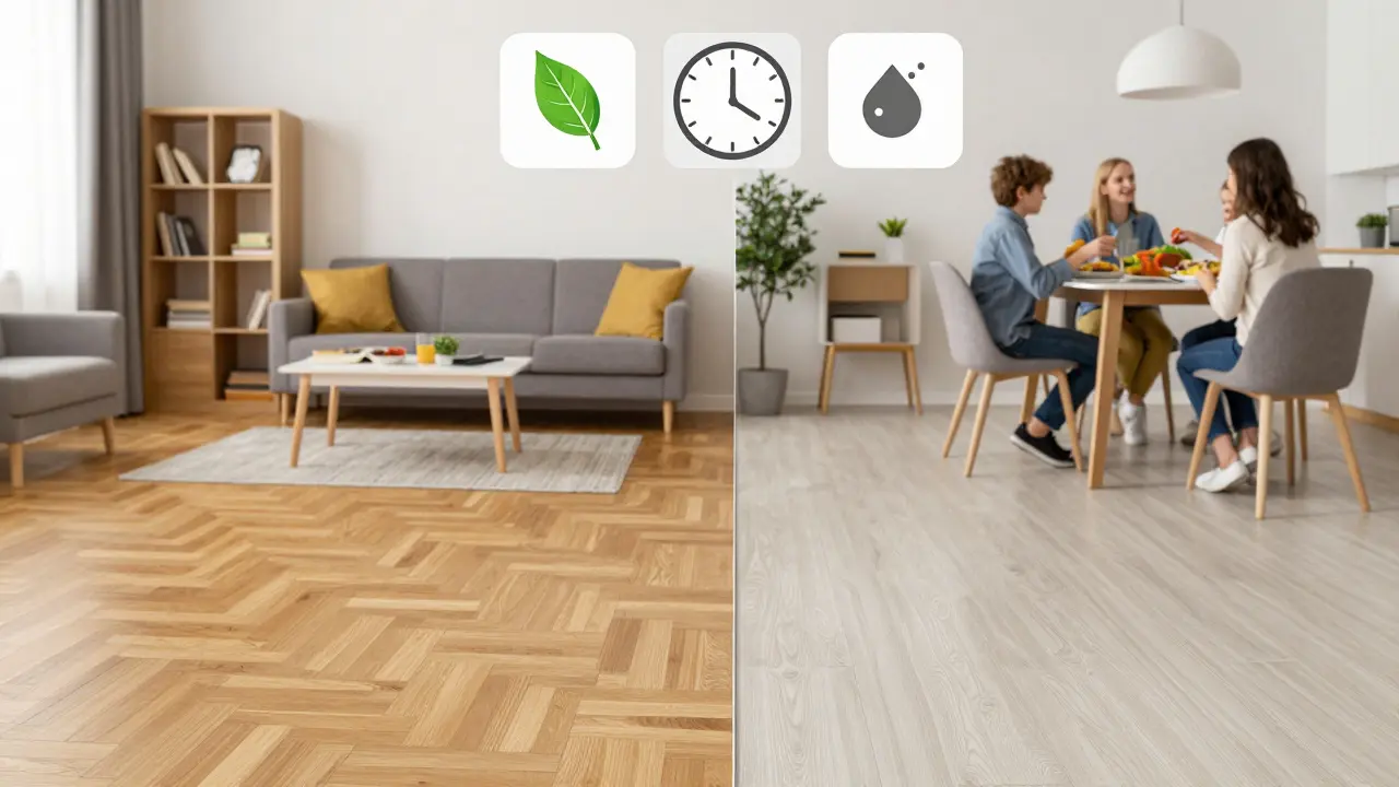 Gesplittetes Wohnzimmer: Parkett und Vinyl nebeneinander mit sanfter Übergangskante.