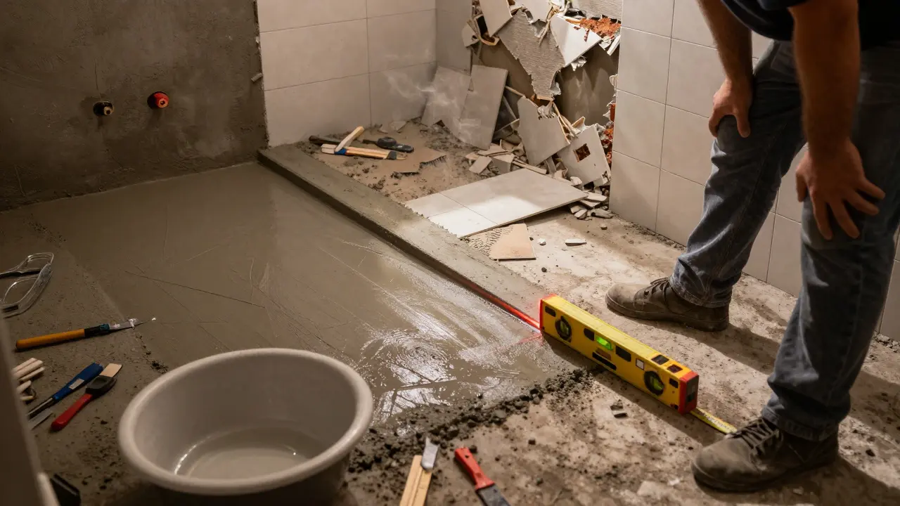 Handwerker misst mit Lasermessgerät das Gefälle eines frisch gegossenen Estrichs in einer Badrenovierung.