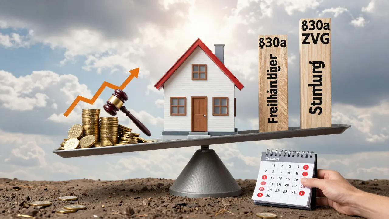 Haus auf einer Waage, belastet durch Schulden, aber angehoben von drei rechtlichen Lösungswegen.