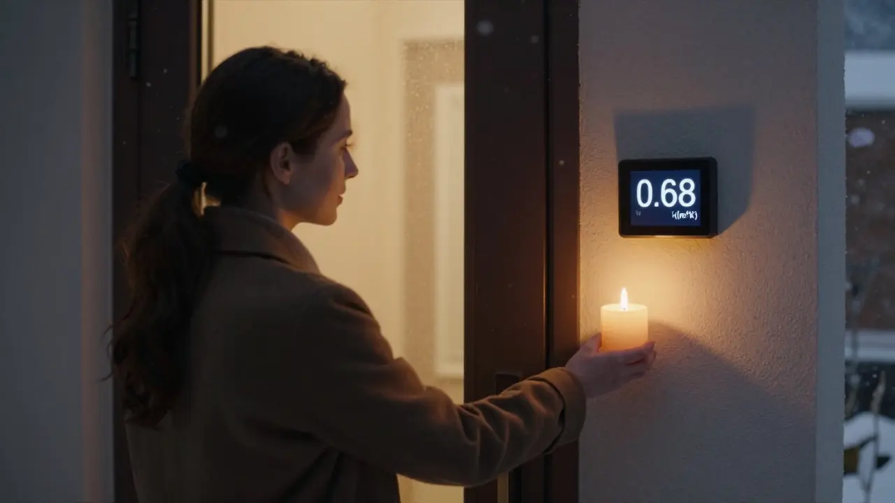 Hausbesitzer hält eine Kerze an die Haustür — die Flamme brennt ruhig, U-Wert-Anzeige zeigt 0,68 W/(m²K) an.