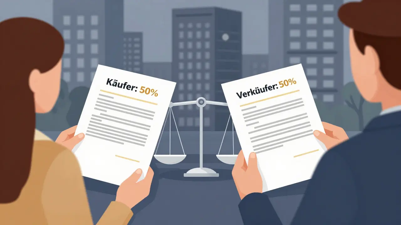 Immobilienmakler übergibt zwei Verträge mit gleichem Provisionsanteil an Käufer und Verkäufer.