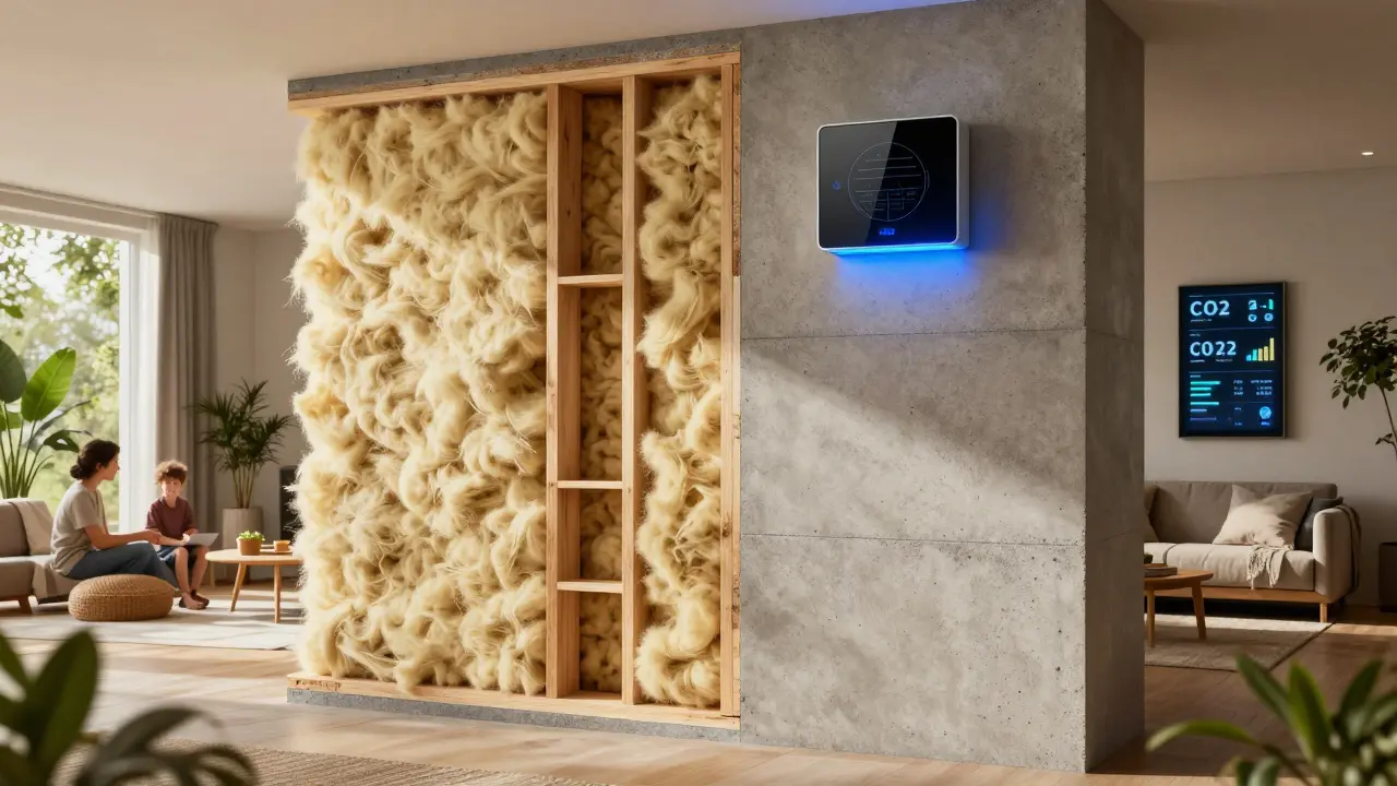 Innenaufnahme eines nachhaltigen Hauses mit Holz, Hanfdämmung und intelligenten Sensoren zur Energieüberwachung.