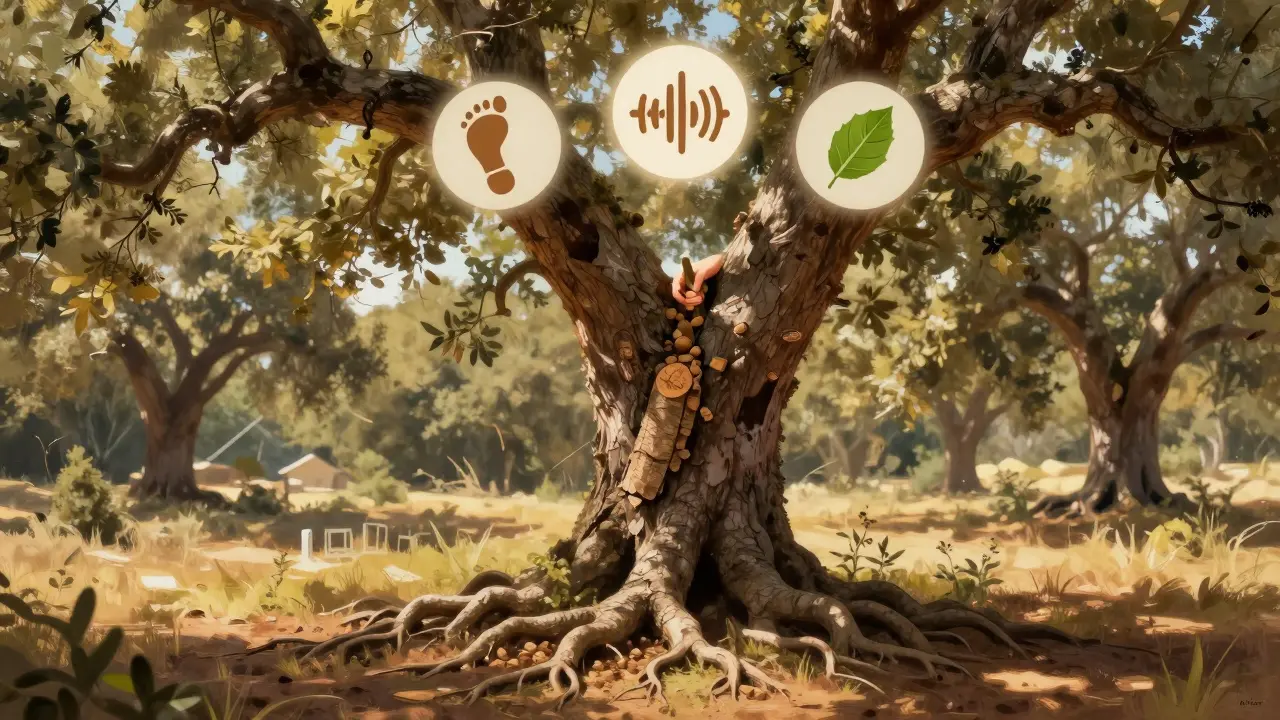 Korkeiche mit geernteter Rinde, umgeben von Symbolen für Wärme, Akustik und Nachhaltigkeit in natürlicher Landschaft.