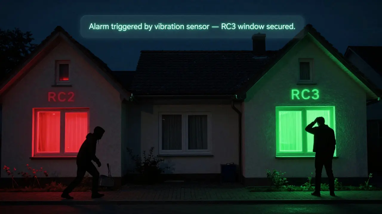 Nachbarschaft mit RC2- und RC3-Fenstern: Einbrecher verlässt das sichere RC3-Haus, nachdem er RC2-Häuser probiert hat.