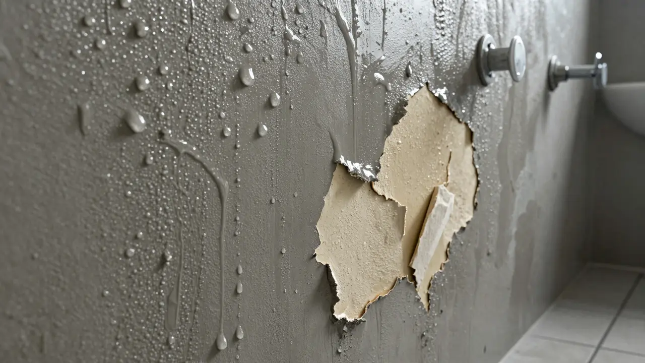 Nasswand mit Zementputz, wasserabweisend, neben abblätterndem Kalkputz — deutlicher Kontrast zwischen den Materialien.