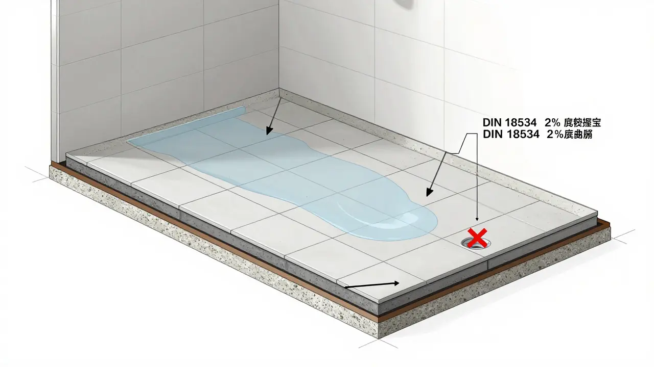 Querschnitt eines Duschbodens mit fehlendem Gefälle unter den Fliesen, beschriftet nach DIN-Norm und falscher Abflussposition.