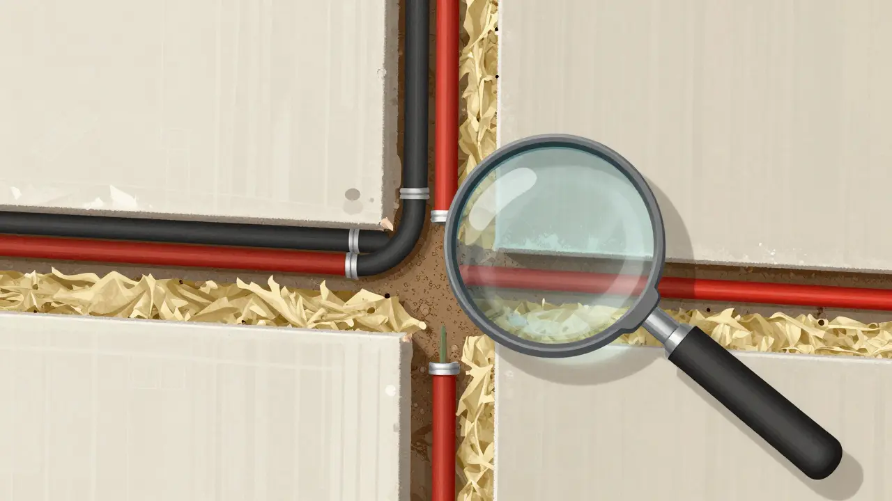 Schnitt durch eine Wand mit versteckten Gewerken: Elektrik, Dämmung und Feuchtigkeitseintritt an der Schnittstelle.