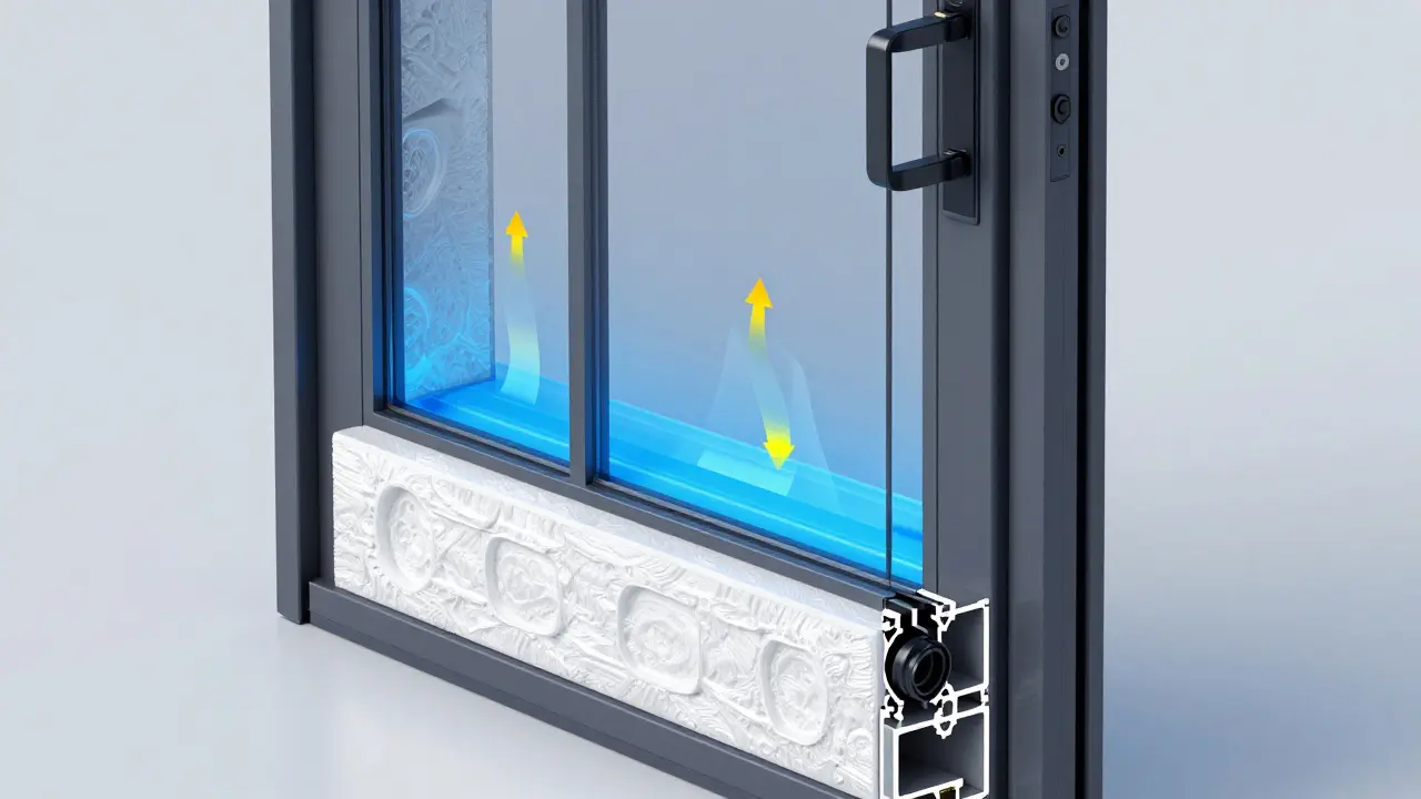 Schnittansicht einer energieeffizienten Haustür mit Dämmkern, Edelgasfüllung und drei Dichtungsebenen zur Wärmeverlustminimierung.