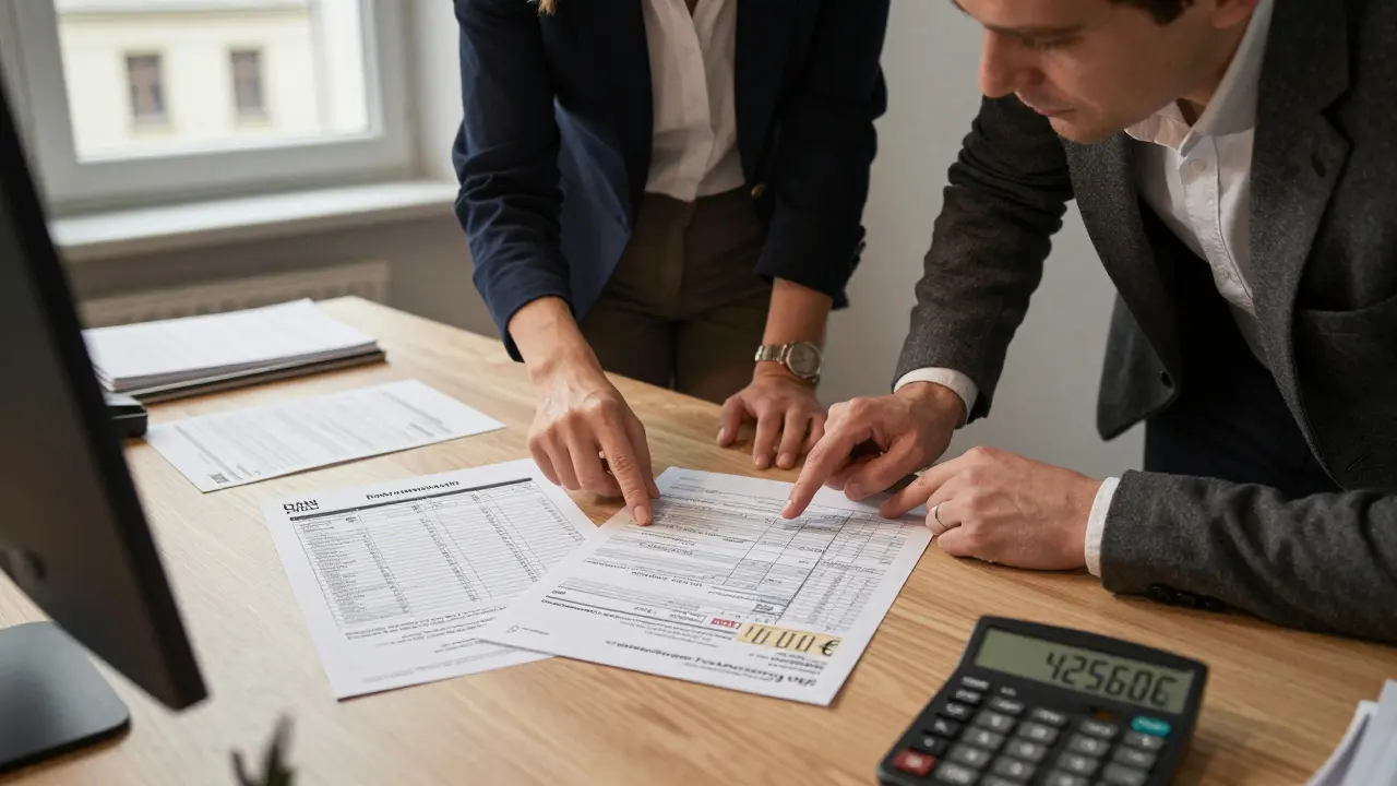 Tax advisor and client examining a certified property appraisal report with Bodenrichtwert data and calculated building value on a desk.