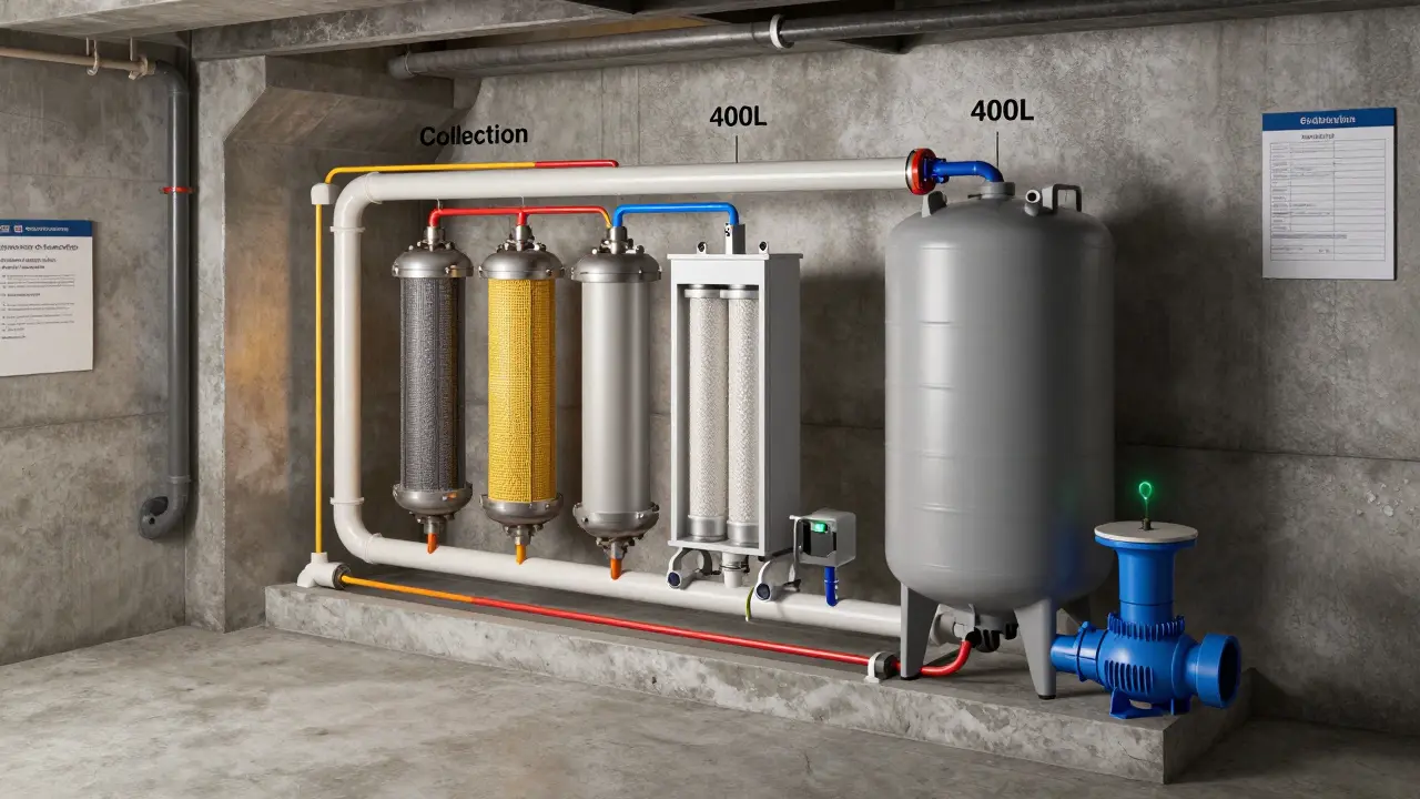 Technische Aufsicht eines Grauwasser-Recycling-Systems im Keller mit Filter und Speichertank.