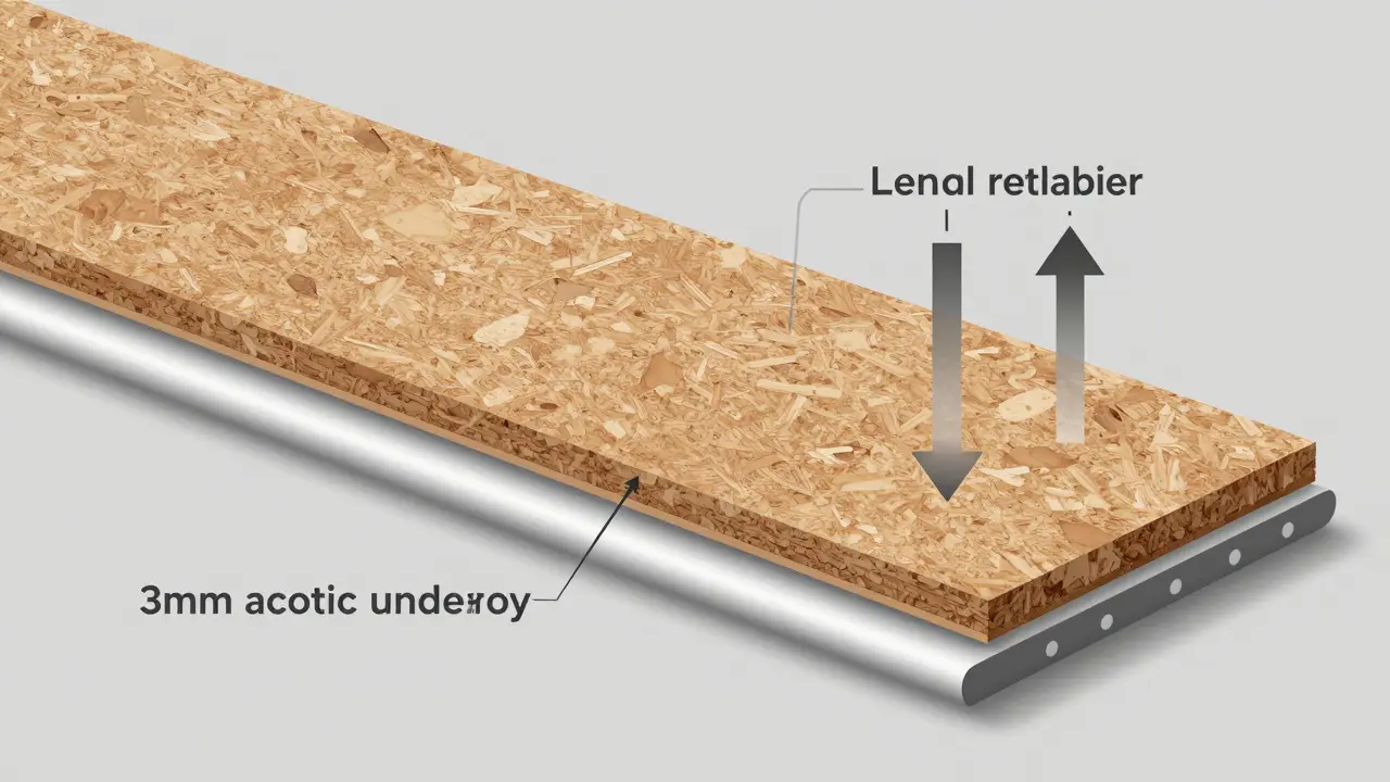 Technische Querschnittsansicht einer korrekt verlegten Korkbodenkonstruktion mit Dampfbremse und Dämmunterlage.