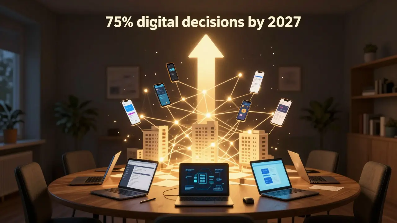 Traditionelle Versammlung verwandelt sich in ein Netz digitaler Geräte, symbolisiert den Übergang zur digitalen WEG.