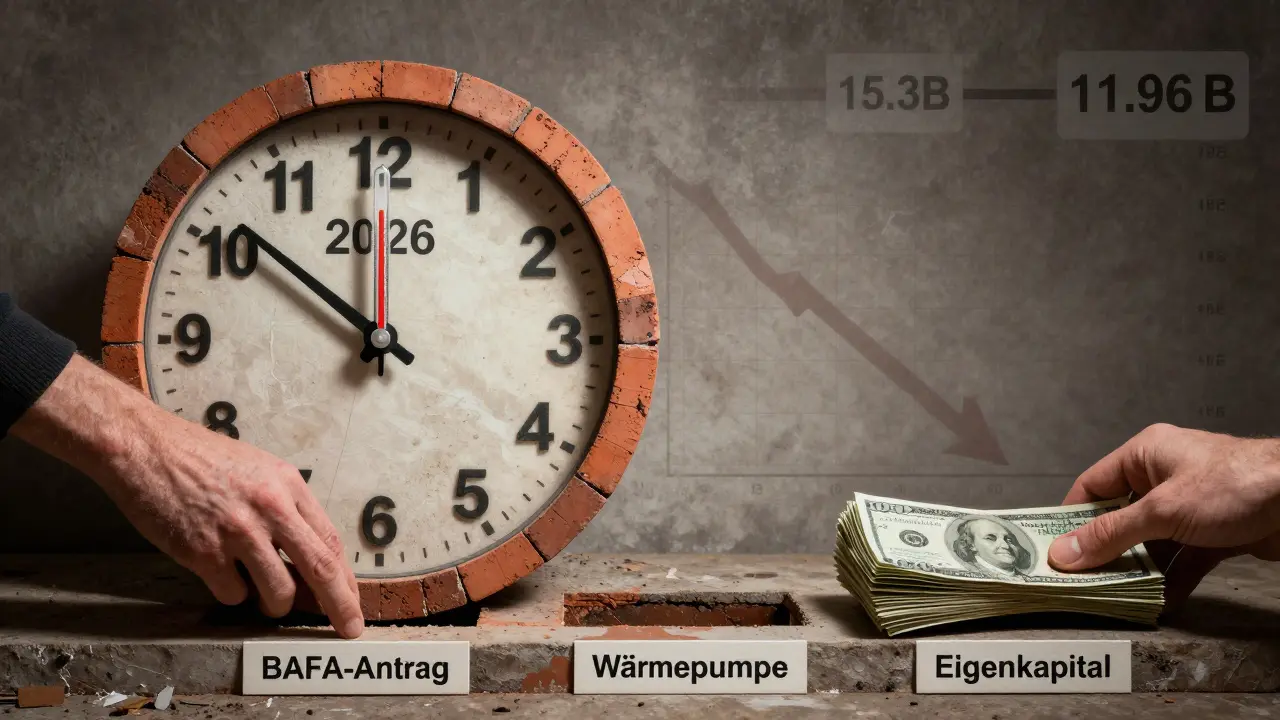 Uhr aus Baustoffen tickt Richtung 2026, Hand legt Wärmepumpe in Antragsfach, Geldbündel als Eigenkapital wird hinzugefügt.